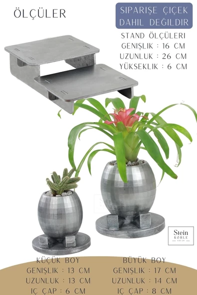 Stein Kohle Ayaklı Saksı Ahşap Büyük Boy 2 Adet Gümüş Renk Eskitme Uygulamalı Ayaklı Yuvarlak Model - Resim 2