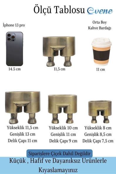 Evene Saksı Çiçek Kaktüs Saksısı Lüx 13 Cm Altın Eskitme Varak Boyalı Pantolon Desenli 3'lü Set Çiçeklik - 2