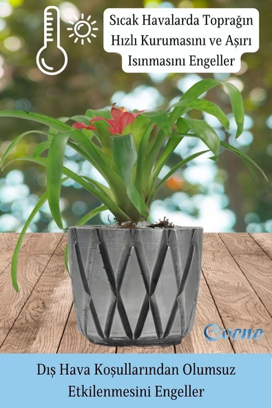 Evene Ahşap Ayaklı Beton Saksı Büyük Boy Set 3 Adet Gümüş Varak Boyalı Eskitmeli Baklava Model - Resim 6