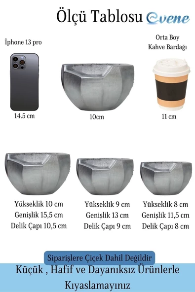 Evene Saksı Çiçek Kaktüs Saksısı Lüx 15 Cm Gümüş Eskitme Varak Boyalı Önü Açık Desenli 3'lü Set Çiçeklik - 2