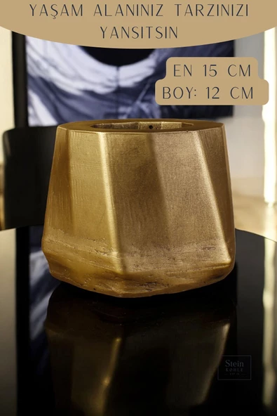 Stein Kohle Çiçek Saksısı Büyük Boy 1 Adet Altın Eskitme Renk Uygulamalı Kalın Çizgili Model - Resim 2