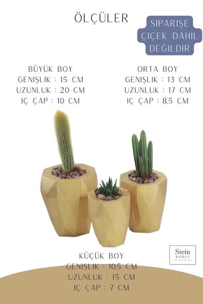 Stein Kohle Çiçek Saksısı Büyük Boy 3 Adet Altın Renk Uygulamalı Uzun Poly Model - Resim 2