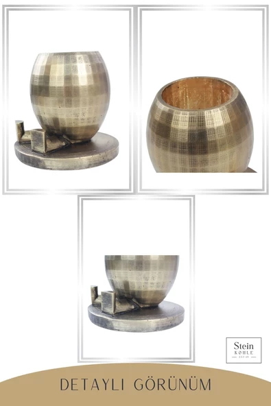 Stein Kohle Çiçek Saksısı Büyük Boy 2 Adet Altın Renk Eskitme Uygulamalı Ayaklı Yuvarlak Model - Resim 5