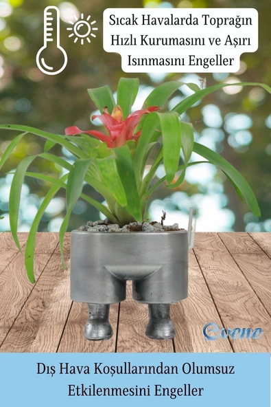 Evene Ahşap Ayaklı Beton Saksı Büyük Boy Set 3 Adet Gümüş Varak Boyalı Eskitmeli Pantolon Model - 6