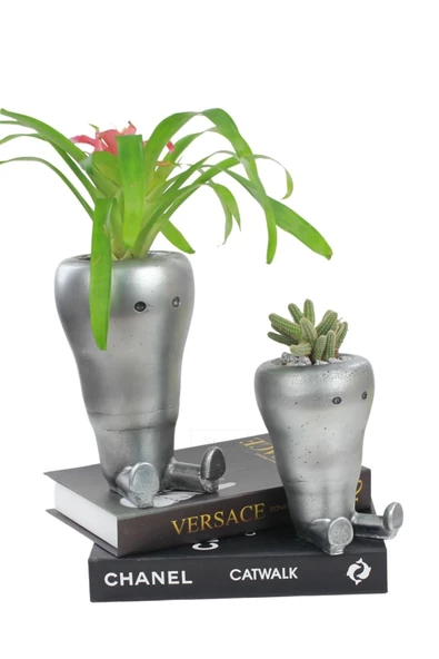 Stein Kohle Çiçek Saksısı Büyük Boy 2 Adet Gümüş Renk Eskitme Uygulamalı Havuç Model ürün görseli 1