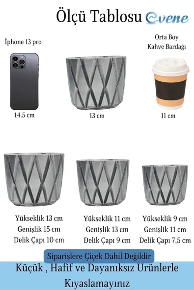 Evene Saksı Çiçek Kaktüs Saksısı Lüx 15 Cm Gümüş Eskitme Varak Boyalı Baklava Desenli 3'lü Set Çiçeklik - Resim 2