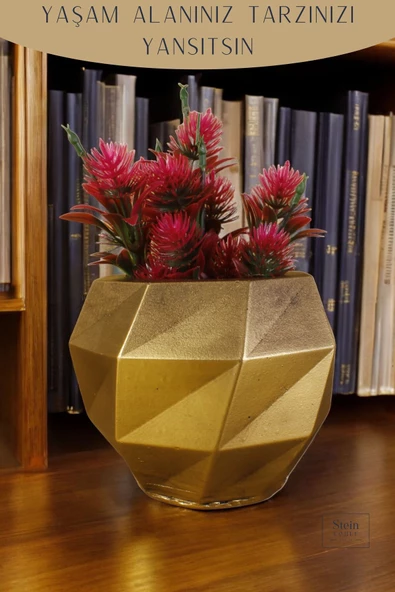 Stein Kohle Çiçek Saksısı Dekoratif Kaktüs Saksı 1 Adet Altın Eskitme Renk Uygulamalı Dönen Poly Model - Resim 4