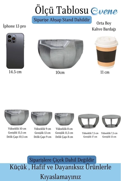 Evene Ahşap Ayaklı Beton Saksı Büyük Boy Set 3 Adet Gümüş Varak Boyalı Eskitmeli Önü Açık Model - Resim 2