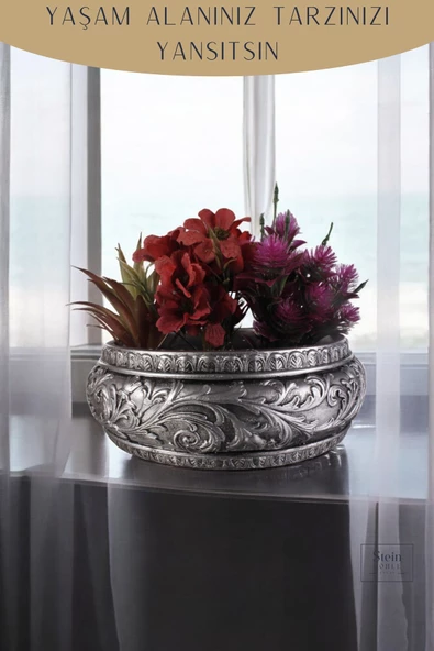 Stein Kohle Çiçek Saksısı Dekoratif Kaktüs Saksı 1 Adet Gümüş Eskitme Renk Uygulamalı Model 5 - Resim 5