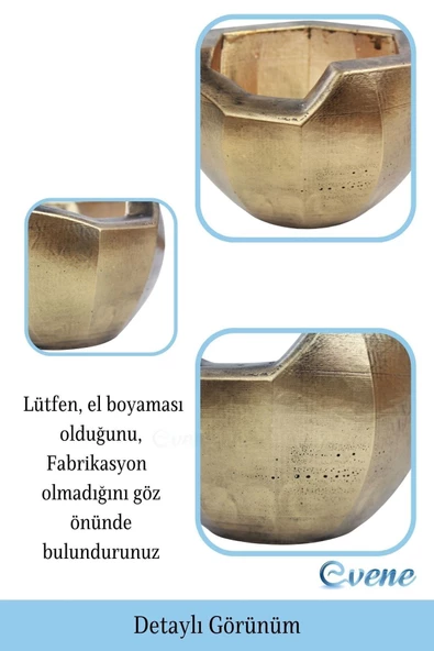 Evene Saksı Çiçek Kaktüs Saksısı Lüx 15 Cm Altın Eskitme Varak Boyalı Önü Açık Desenli 3'lü Set Çiçeklik - 3