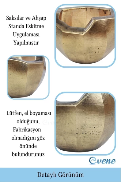 Evene Ahşap Ayaklı Beton Saksı Büyük Boy Set 3 Adet Altın Eskitme Varak Boyalı Eskitmeli Önü Açık Model - Resim 3