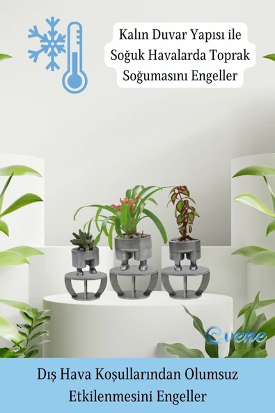 Evene Ahşap Ayaklı Beton Saksı Büyük Boy Set 3 Adet Gümüş Varak Boyalı Eskitmeli Pantolon Model - 7