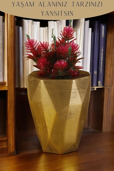 Stein Kohle Çiçek Saksısı Dekoratif Kaktüs Saksı 1 Adet Altın Renk Eskitme Uygulamalı Uzun Poly Model - Resim 4