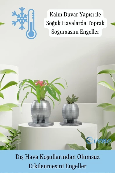 Evene Saksı Çiçek Kaktüs Saksısı Lüx 17 Cm Gümüş Eskitme Varak Boyalı Yuvarlak Ayaklı Saksı 2'li Çiçeklik - Resim 7