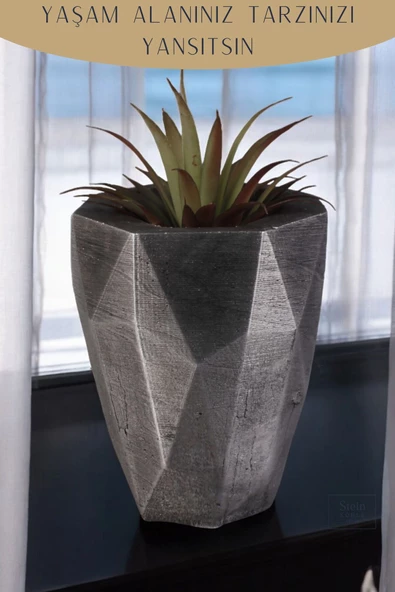Stein Kohle Çiçek Saksısı Dekoratif Kaktüs Saksı 1 Adet Gümüş Renk Eskitme Uygulamalı Uzun Poly Model - Resim 5