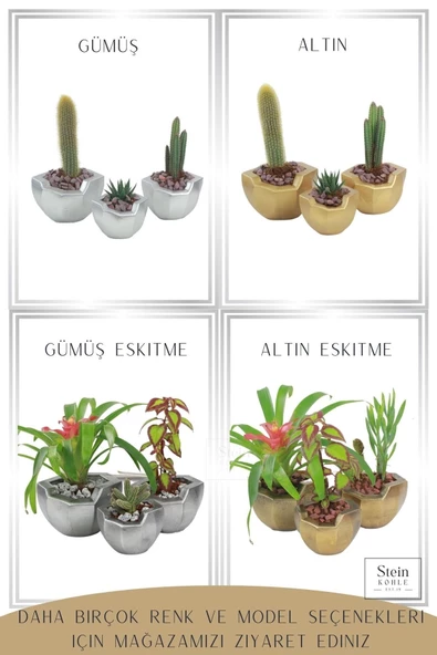 Stein Kohle Çiçek Saksısı Büyük Boy 3 Adet Gümüş Renk Uygulamalı Önü Açık Model - Resim 5