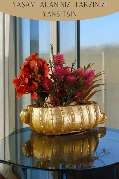 Stein Kohle Çiçek Saksısı Dekoratif Kaktüs Saksı 1 Adet Altın Renk Uygulamalı Model 3 - Resim 5