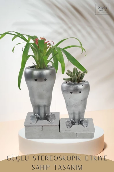 Stein Kohle Ayaklı Saksı Ahşap Büyük Boy 2 Adet Gümüş Renk Eskitme Uygulamalı Havuç Model - Resim 4