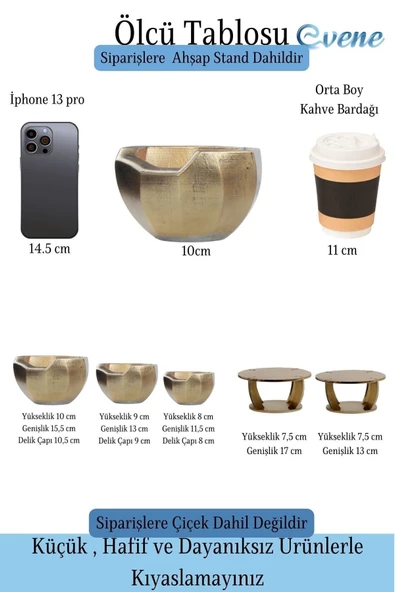 Evene Ahşap Ayaklı Beton Saksı Büyük Boy Set 3 Adet Altın Eskitme Varak Boyalı Eskitmeli Önü Açık Model - Resim 2