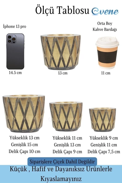 Evene Saksı Çiçek Kaktüs Saksısı Lüx 15 Cm Altın Eskitme Varak Boyalı Baklava Desenli 3'lü Set Çiçeklik - 2