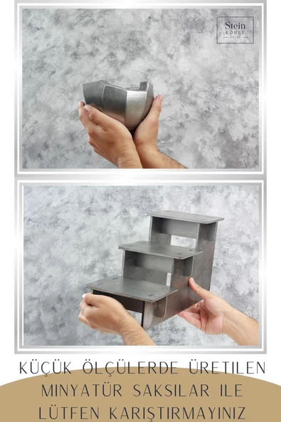 Stein Kohle Ayaklı Saksı Ahşap Büyük Boy 3 Adet Gümüş Renk Eskitme Uygulamalı Önü Açık Model - Resim 3
