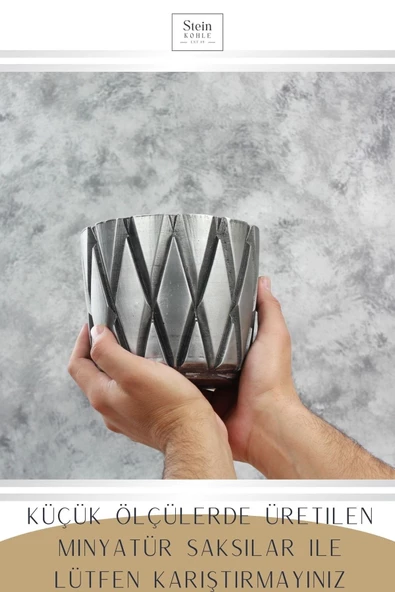 Stein Kohle Çiçek Saksısı Büyük Boy 1 Adet Gümüş Renk Eskitme Uygulamalı Baklava Model - Resim 3