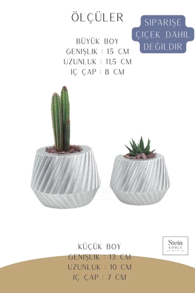 Stein Kohle Çiçek Saksısı Büyük Boy 2 Adet Gümüş Renk Uygulamalı Dişli Model - Resim 2