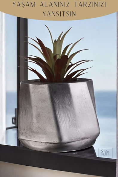 Stein Kohle Çiçek Saksısı Büyük Boy 1 Adet Gümüş Eskitme Renk Uygulamalı Kalın Çizgili Model - Resim 5