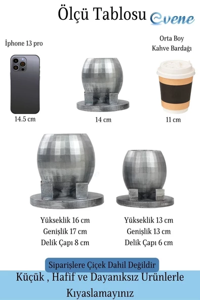 Evene Saksı Çiçek Kaktüs Saksısı Lüx 17 Cm Gümüş Eskitme Varak Boyalı Yuvarlak Ayaklı Saksı 2'li Çiçeklik - Resim 2