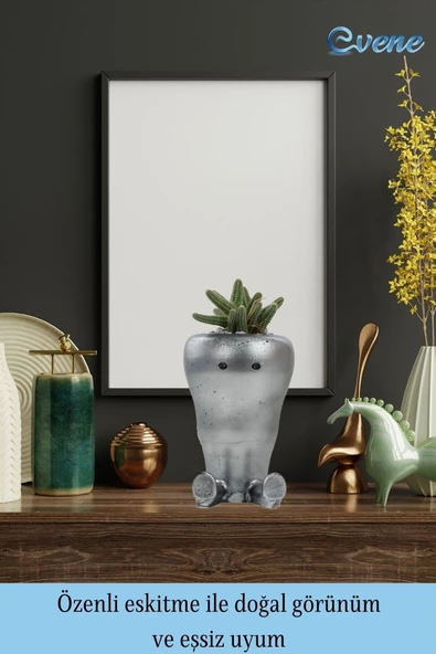 Evene Saksı Çiçek Kaktüs Saksısı Lüx 13,5 Cm Gümüş Eskitme Varak Boyalı Havuç Desenli 2'li Set Çiçeklik - Resim 8