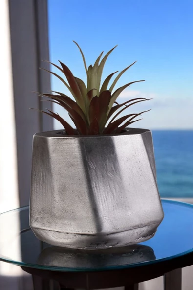 Stein Kohle Çiçek Saksısı Büyük Boy 1 Adet Gümüş Eskitme Renk Uygulamalı Kalın Çizgili Model ürün görseli 1