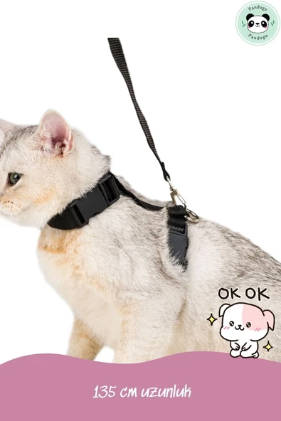 Pandogo Kedi Gezdirme Tasması Sevk Kayışlı Siyah - Resim 2
