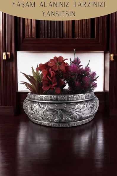 Stein Kohle Çiçek Saksısı Dekoratif Kaktüs Saksı 1 Adet Gümüş Eskitme Renk Uygulamalı Model 5 - Resim 4