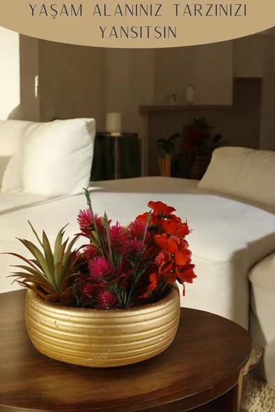 Stein Kohle Çiçek Saksısı Dekoratif Kaktüs Saksı 1 Adet Altın Renk Uygulamalı Model 4 - Resim 3