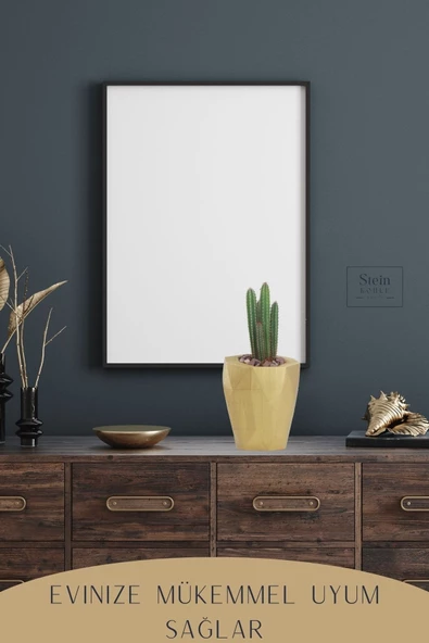 Stein Kohle Çiçek Saksısı Büyük Boy 3 Adet Altın Renk Uygulamalı Uzun Poly Model - Resim 6