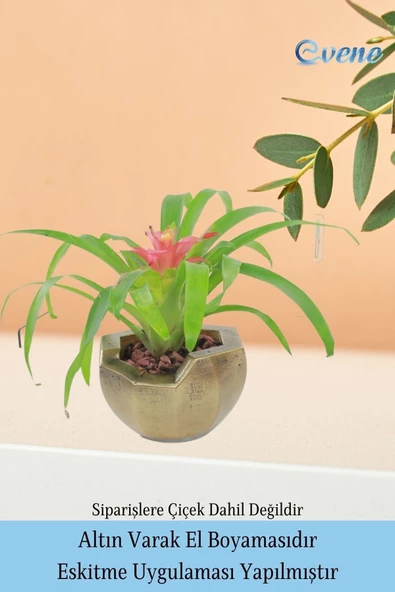 Evene Ahşap Ayaklı Beton Saksı Büyük Boy Set 3 Adet Altın Eskitme Varak Boyalı Eskitmeli Önü Açık Model - Resim 5