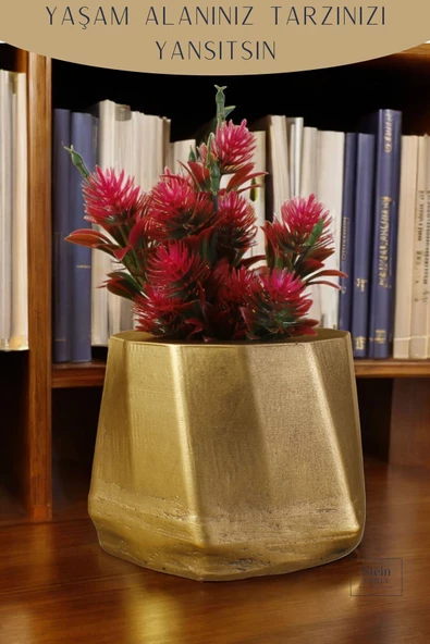 Stein Kohle Çiçek Saksısı Büyük Boy 1 Adet Altın Eskitme Renk Uygulamalı Kalın Çizgili Model - Resim 4