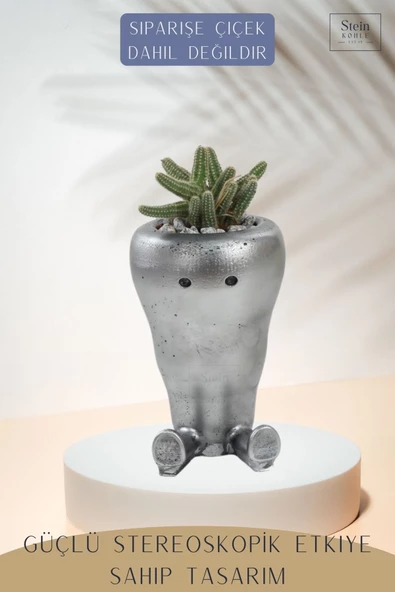 Stein Kohle Çiçek Saksısı Büyük Boy 1 Adet Gümüş Renk Eskitme Uygulamalı Havuç Model - Resim 4