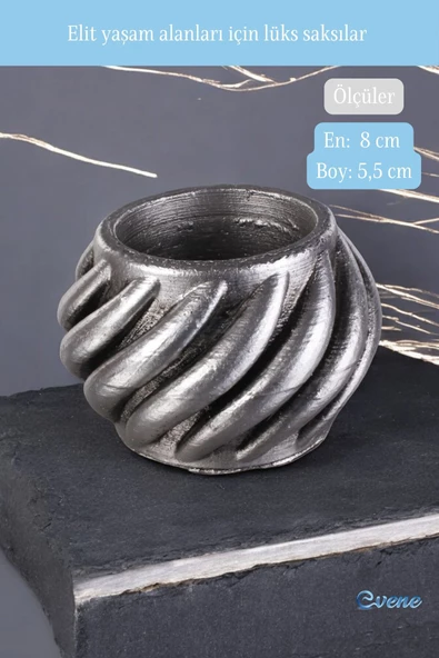Evene Mini Çiçek Saksı Küçük Sukulent Gümüş Eskitme Kaktüs Saksısı Kalın Çizgili Spiral Model - 2