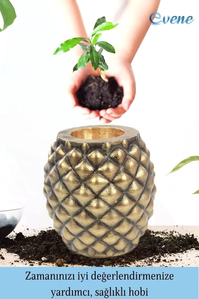 Evene Ahşap Ayaklı Beton Saksı Büyük Boy Set 2 Adet Altın Varak Boyalı Eskitmeli Ananas Model - 4