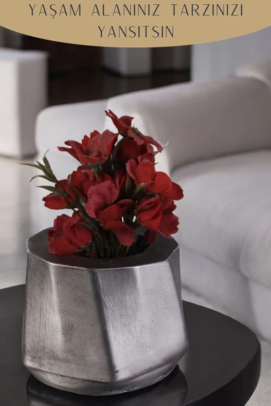 Stein Kohle Çiçek Saksısı Büyük Boy 1 Adet Gümüş Eskitme Renk Uygulamalı Kalın Çizgili Model - Resim 3