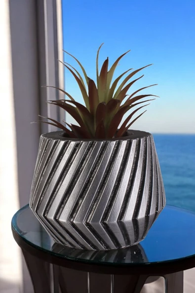 Stein Kohle Çiçek Saksısı Dekoratif Kaktüs Saksı 1 Adet Gümüş Eskitme Renk Uygulamalı Dişli Model ürün görseli 1