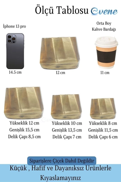 Evene Saksı Çiçek Kaktüs Saksısı Lüx 15 Cm Altın Eskitme Varak Boyalı Kalın Çizgi Desen 3'lü Set Çiçeklik - Resim 2