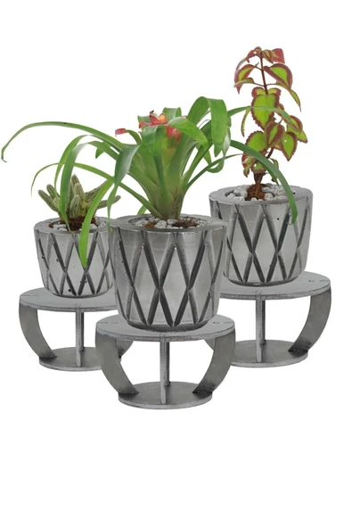 Evene Ahşap Ayaklı Beton Saksı Büyük Boy Set 3 Adet Gümüş Varak Boyalı Eskitmeli Baklava Model ürün görseli 1