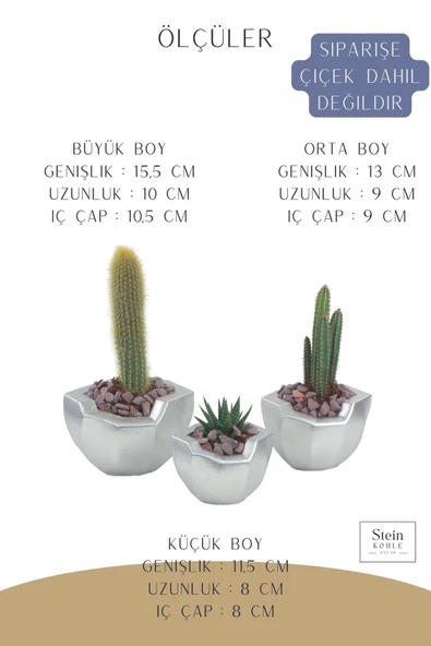 Stein Kohle Çiçek Saksısı Büyük Boy 3 Adet Gümüş Renk Uygulamalı Önü Açık Model - Resim 2