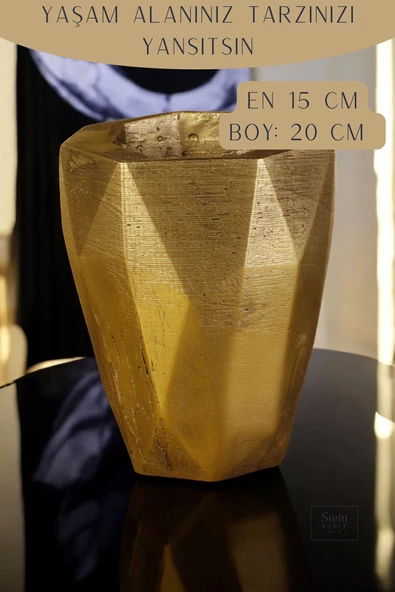 Stein Kohle Çiçek Saksısı Dekoratif Kaktüs Saksı 1 Adet Altın Renk Eskitme Uygulamalı Uzun Poly Model - Resim 2