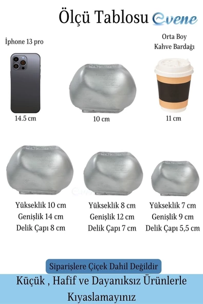 Evene Saksı Çiçek Kaktüs Saksısı Lüx 14 Cm Gümüş Eskitme Varak Boyalı Elips Desenli 3'lü Set Çiçeklik - 2