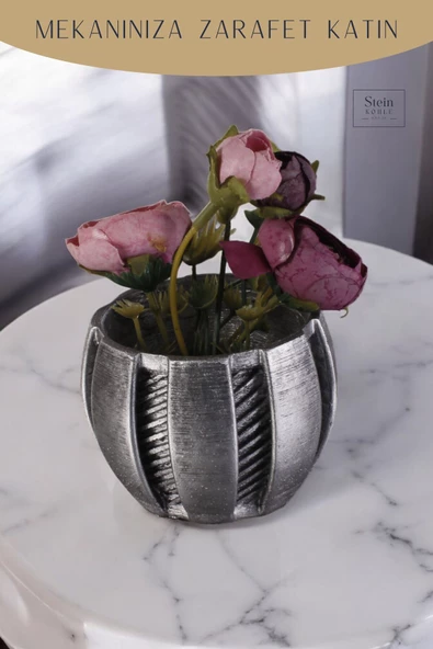 Stein Kohle Dekoratif Saksı Minik Kaktüs Saksısı Gümüş Eskitme Renk Model 41 - Resim 3