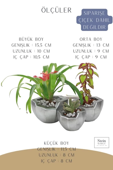 Stein Kohle Çiçek Saksısı Büyük Boy 3 Adet Gümüş Renk Eskitme Uygulamalı Önü Açık Model - 2