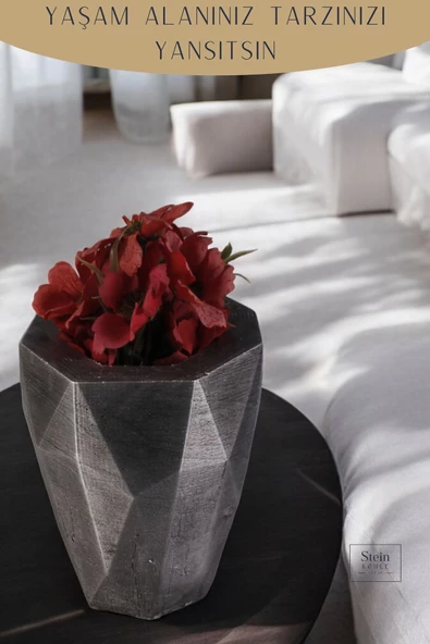 Stein Kohle Çiçek Saksısı Dekoratif Kaktüs Saksı 1 Adet Gümüş Renk Eskitme Uygulamalı Uzun Poly Model - Resim 3